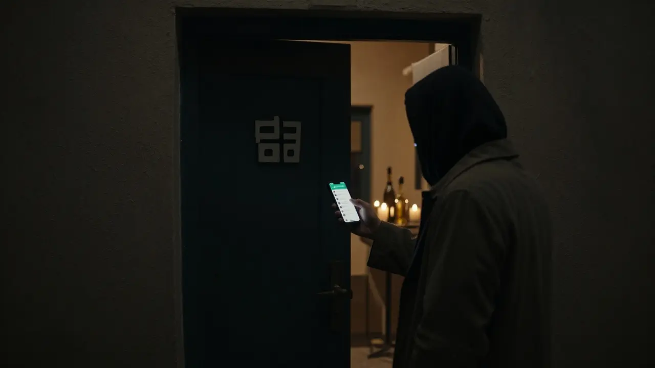 A person hesitates outside a secretive door in a Dubai alley, hinting at an unlisted massage service.