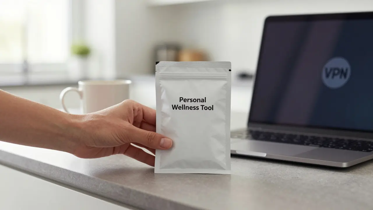 A plain package labeled &#039;Personal Wellness Tool&#039; on a counter beside a coffee mug and laptop.