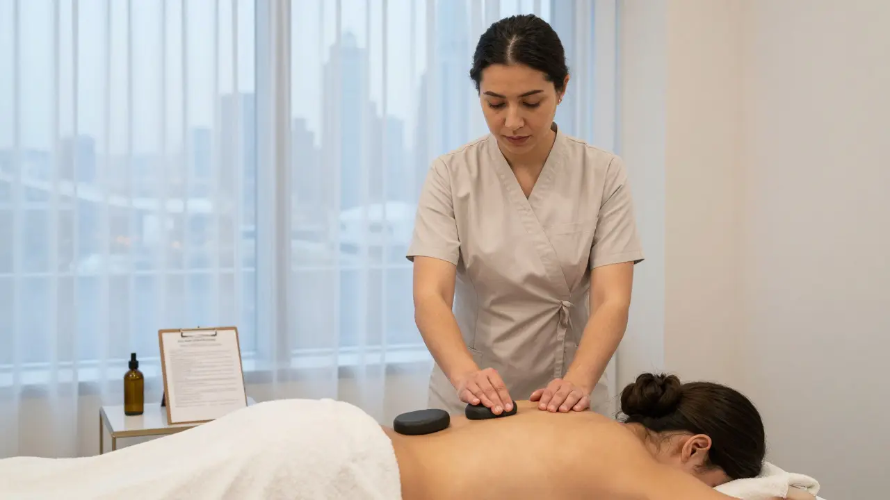 A professional therapist using heated stones on a client's back during a licensed sensual massage session in Dubai.