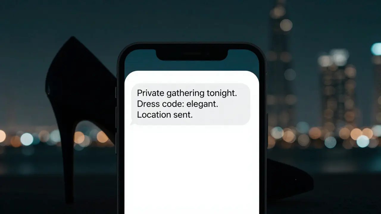 A smartphone displays a cryptic invitation to a private event, with Dubai&#039;s skyline blurred in the background.