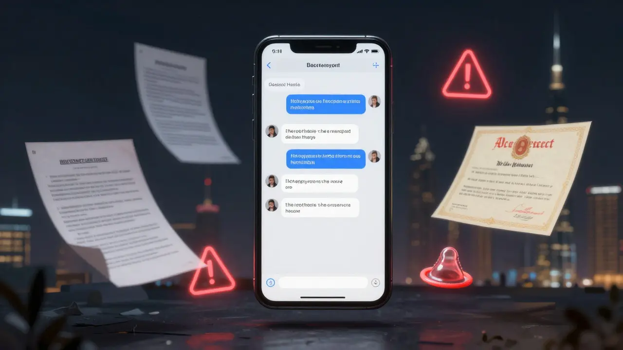 A smartphone hovers in darkness, displaying encrypted messages and legal documents, symbolizing hidden risks.