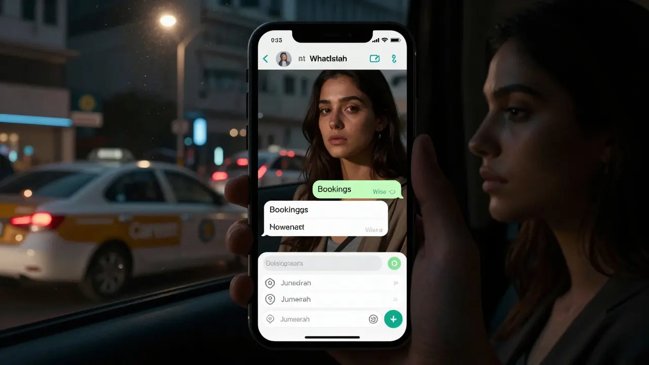 A smartphone showing encrypted WhatsApp messages about bookings and payments in a dark room.