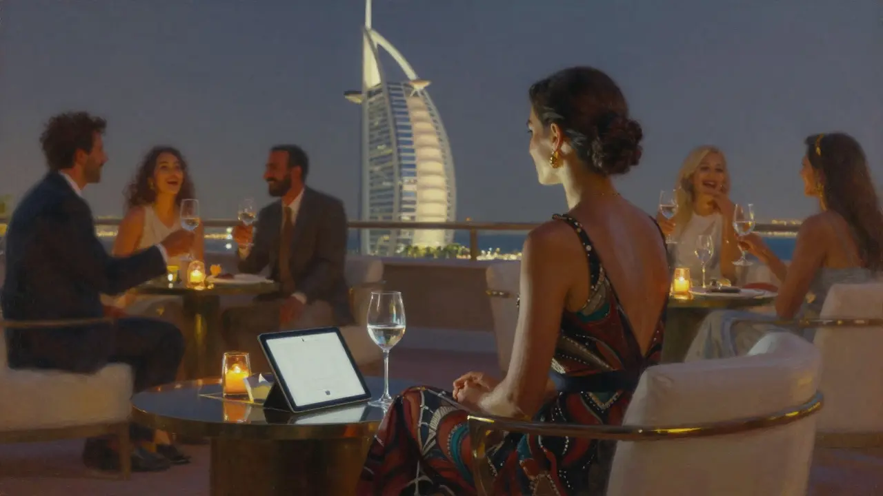 A solitary figure sits alone at a lavish rooftop lounge, gazing at Dubai's city lights with quiet contemplation.