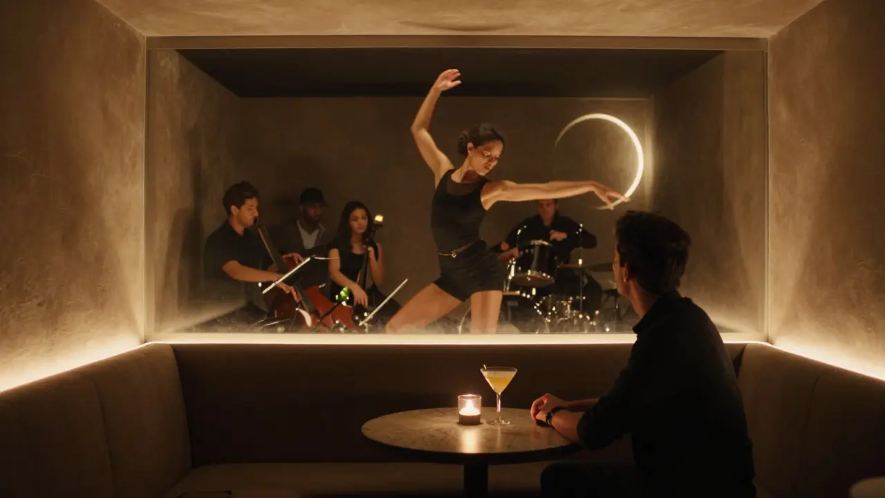 A solitary guest watches a dancer through one-way glass in a minimalist booth with live jazz playing nearby.
