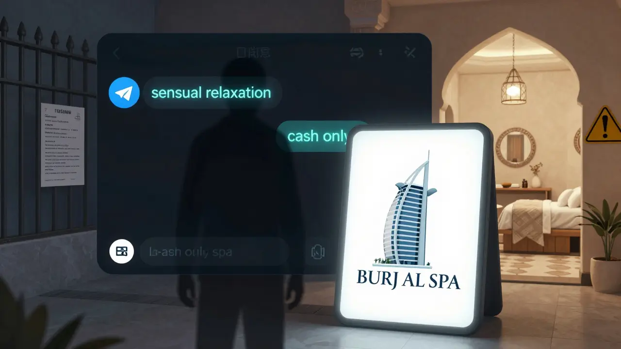 A split-screen concept showing illegal massage ads on a phone versus a legitimate spa logo, with warning symbols in the background.