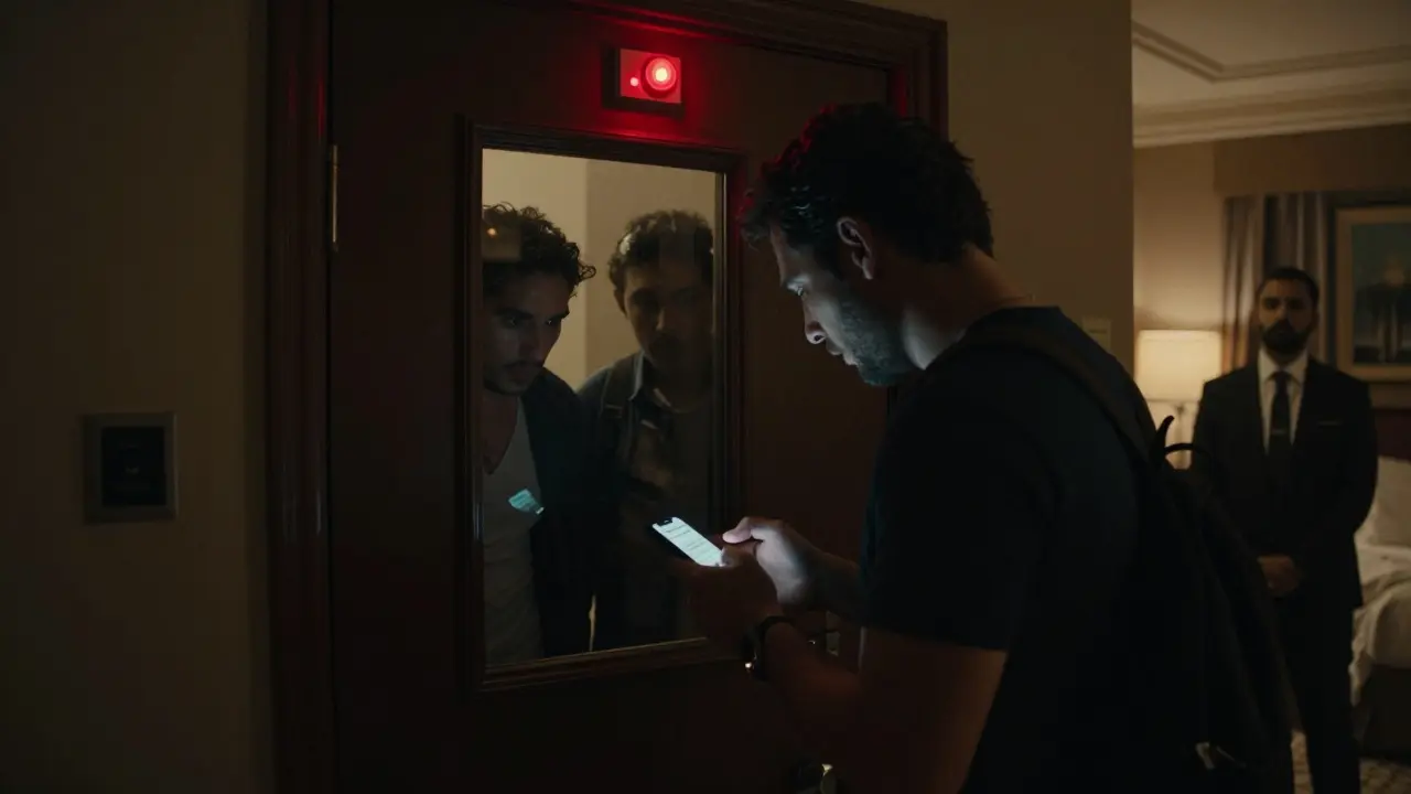 A tourist hesitating outside a hotel room door at night, with shadowy figures inside and security cameras overhead.
