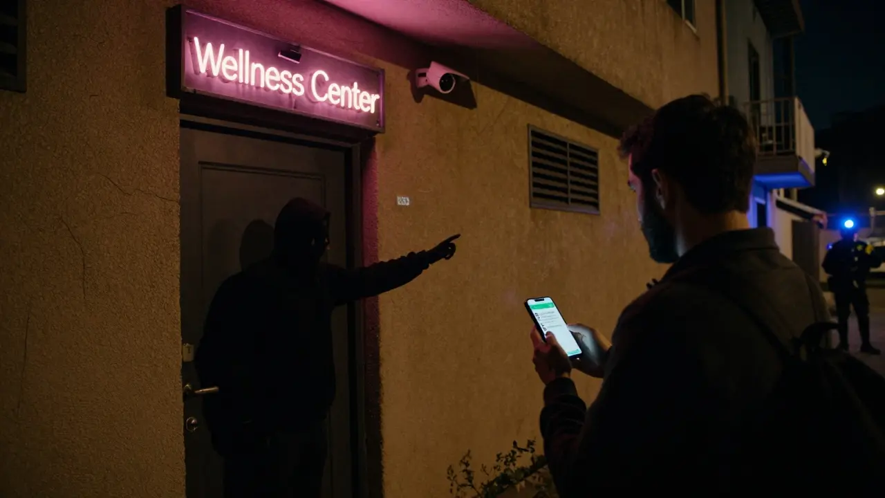 A tourist hesitating outside an unmarked massage parlor in a dark alley, with police sirens visible in the background.