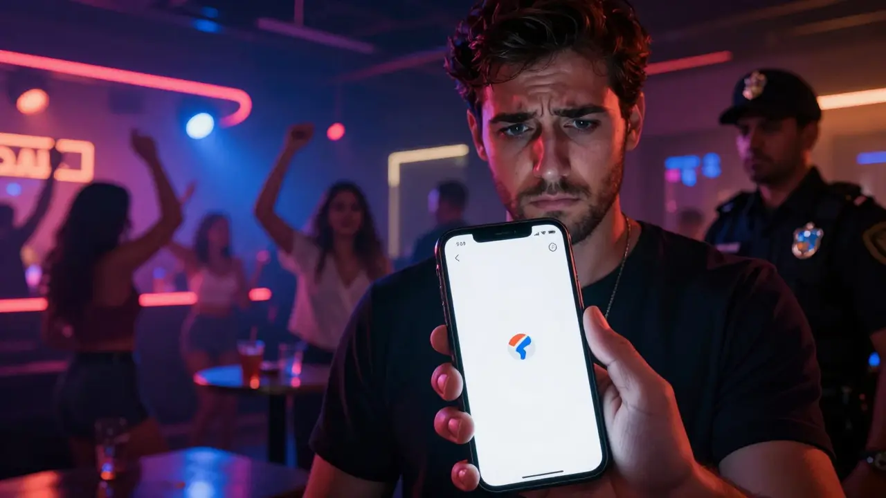 A tourist looking disappointed at a blank map while a vibrant Dubai nightclub shines nearby, with a police officer observing calmly.