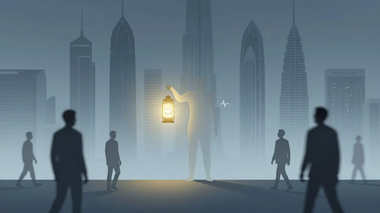 A translucent figure holding a lantern of human connection against Dubai's cold skyline.