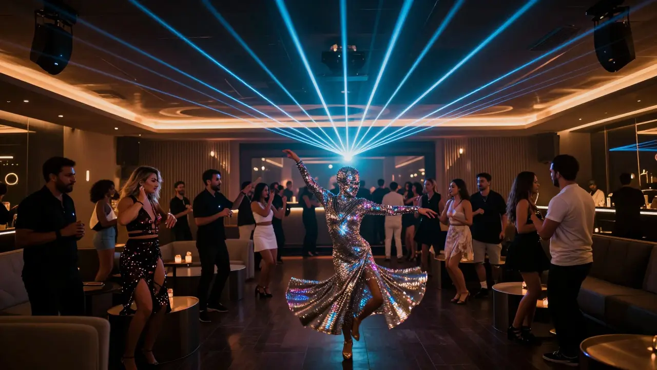 A vibrant Dubai nightclub with professional dancers in full attire performing choreographed routines under colorful laser lights.
