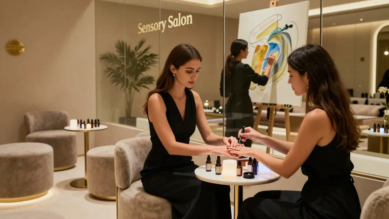 A woman artist applying scent to a guest while another paints silently in a serene, botanical-themed room.