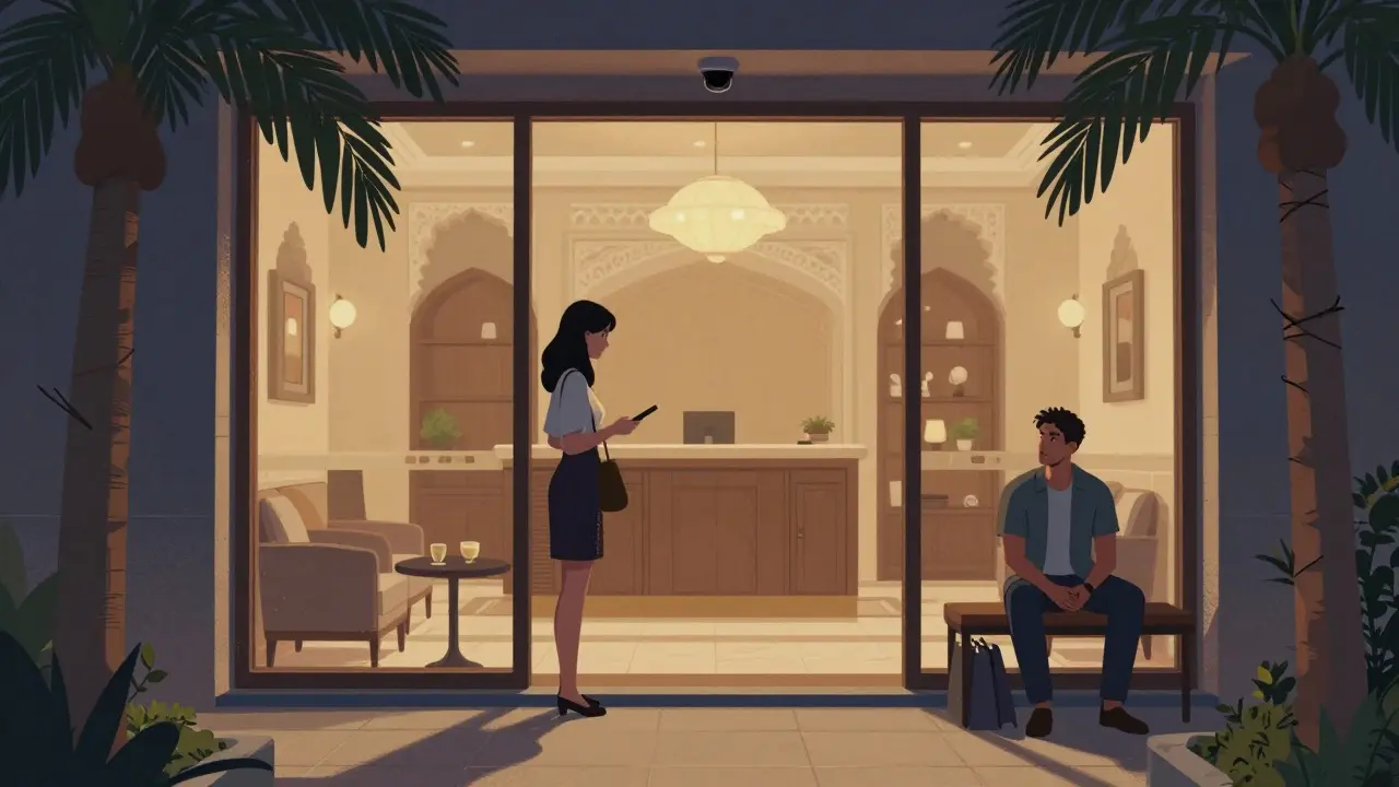 A woman checks into a Dubai hotel while her partner waits outside, surveillance camera visible above.