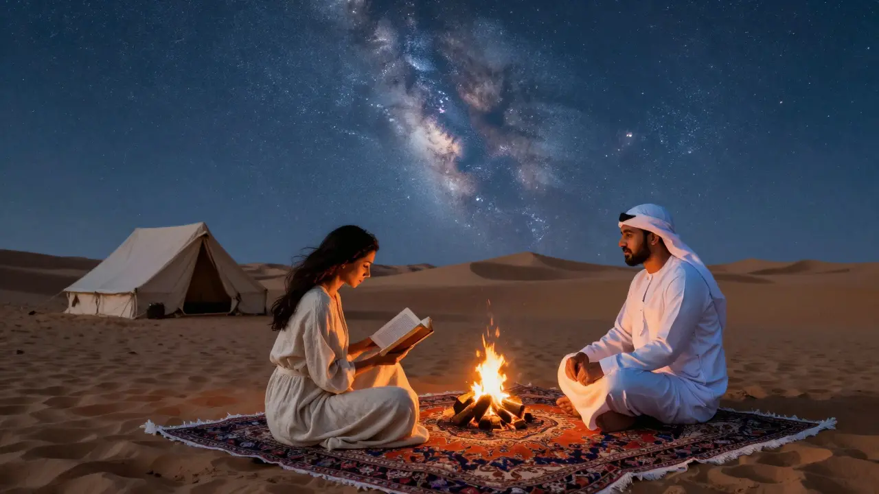 A woman reading poetry aloud in a desert camp under a starry sky, a man listening beside a small fire.