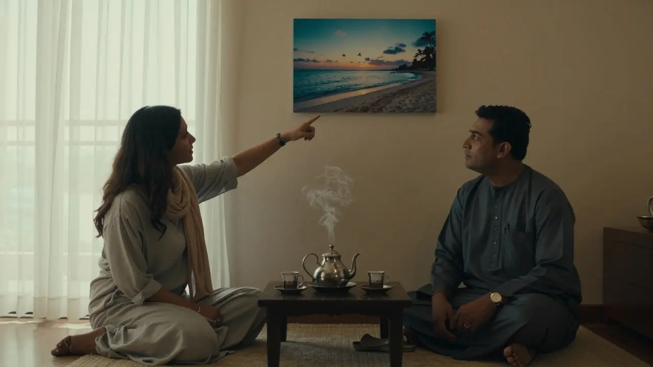 A woman shows a photo of Manila to a listening man in a Dubai apartment, tea steaming on a low table, cultural details visible in decor and clothing.