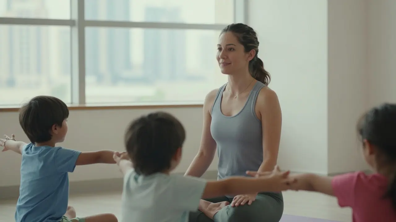 A yoga instructor smiling with children in a sunlit studio, Dubai skyline visible through the window, calm and composed.