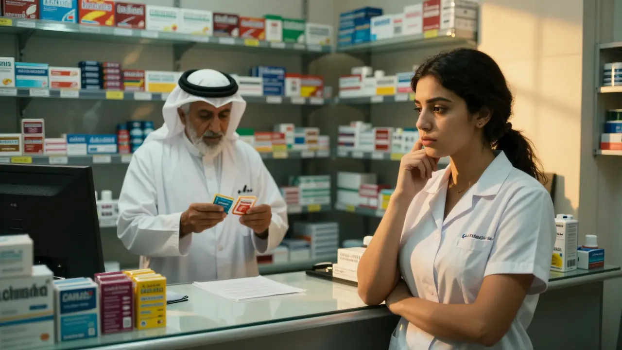 A young woman is refused condoms at a pharmacy counter while another customer is served without question.