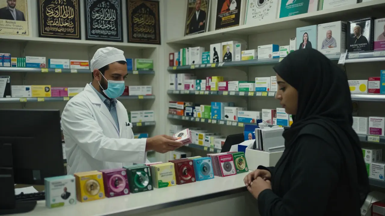 A young woman receiving condoms discreetly from a pharmacist in a Dubai pharmacy at night.