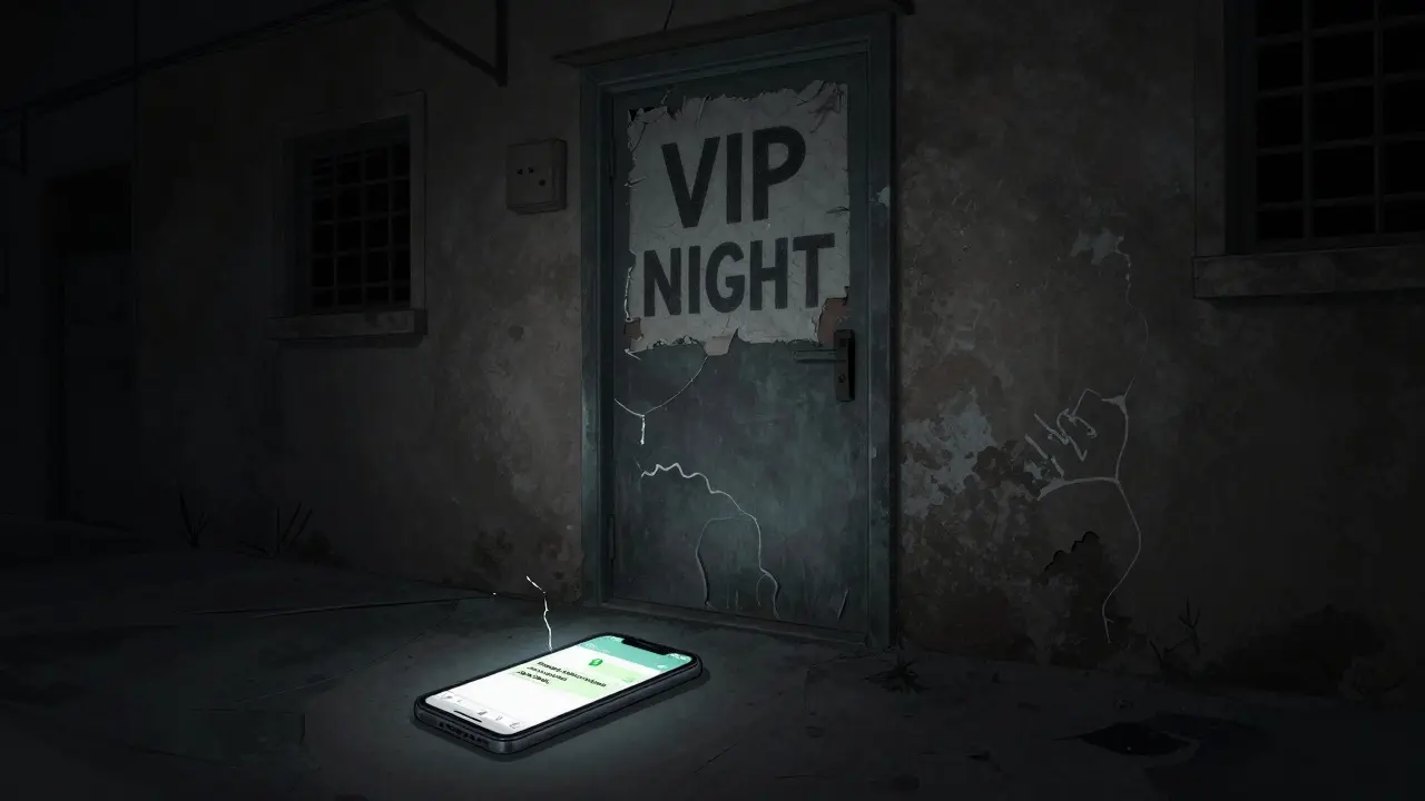 An abandoned alley in Dubai with a faded &#039;VIP NIGHT&#039; sign and a glowing phone showing a suspicious WhatsApp message, hinting at a scam.