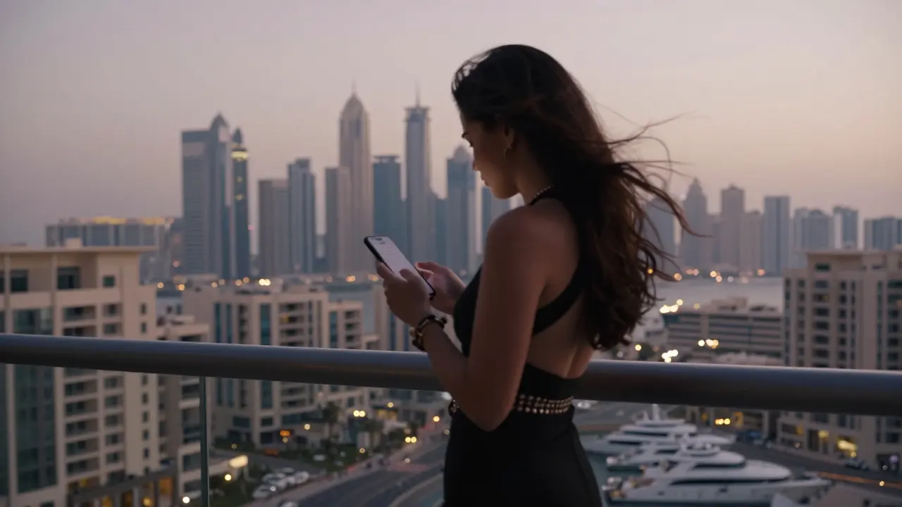 An anonymous woman on a Dubai balcony at dusk, face obscured, overlooking the city skyline.