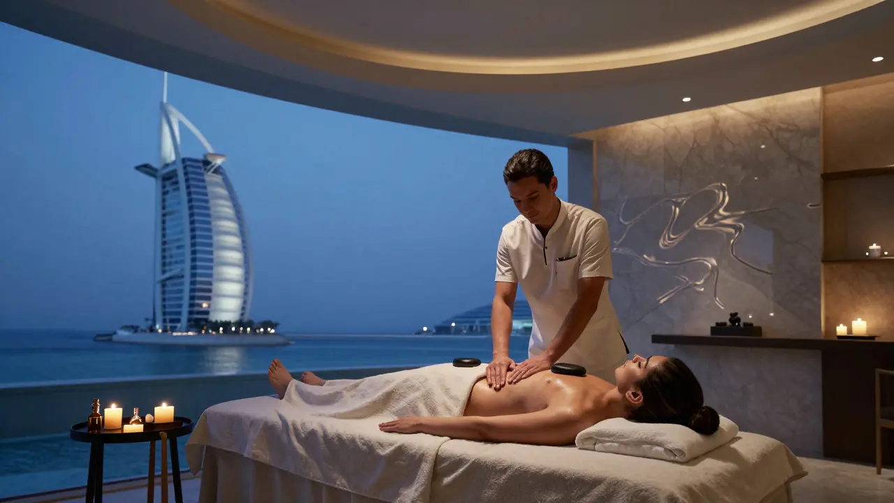 An elegant spa suite in Burj Al Arab with a therapist giving a slow, flowing massage using warm stones and ambient blue lighting.
