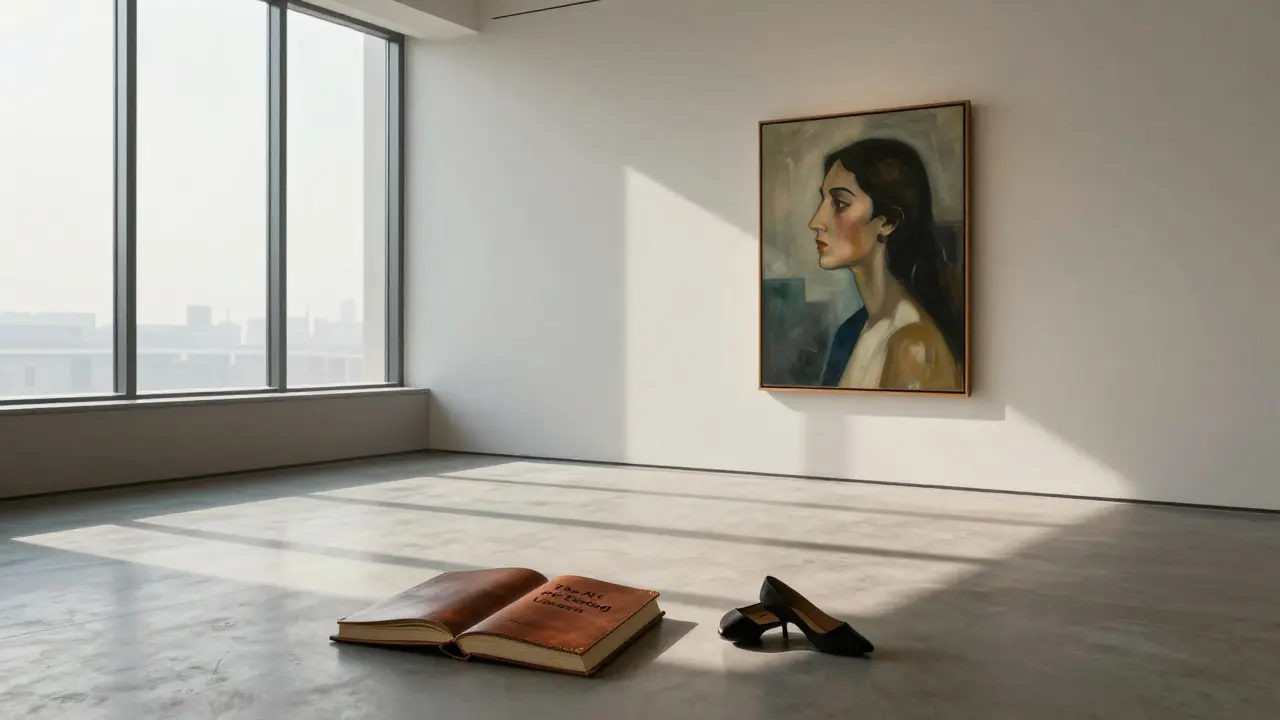 An empty art gallery at dawn with a book titled 'The Art of Being Unseen' open on the floor, sunlight streaming in.