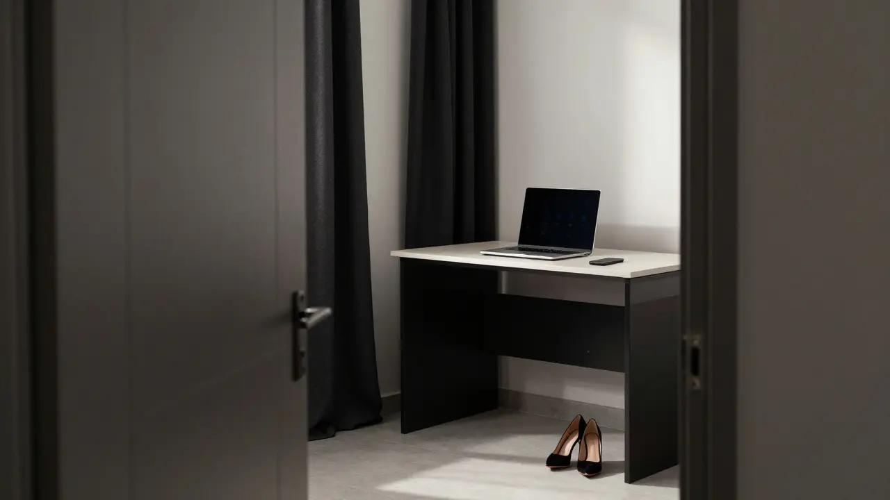 An empty Dubai apartment with a dark laptop and high heels, morning light filtering through curtains.