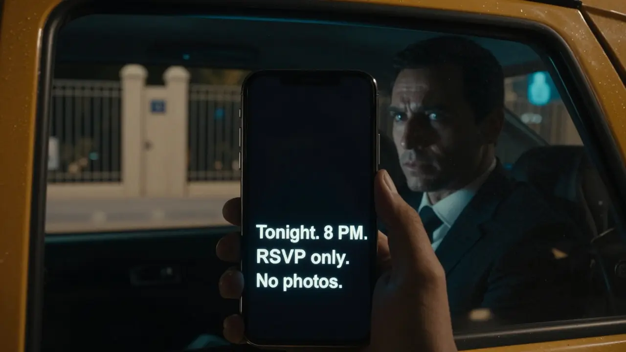 An encrypted message on a smartphone in a taxi at night, passing unmarked doors in Dubai’s backstreets.