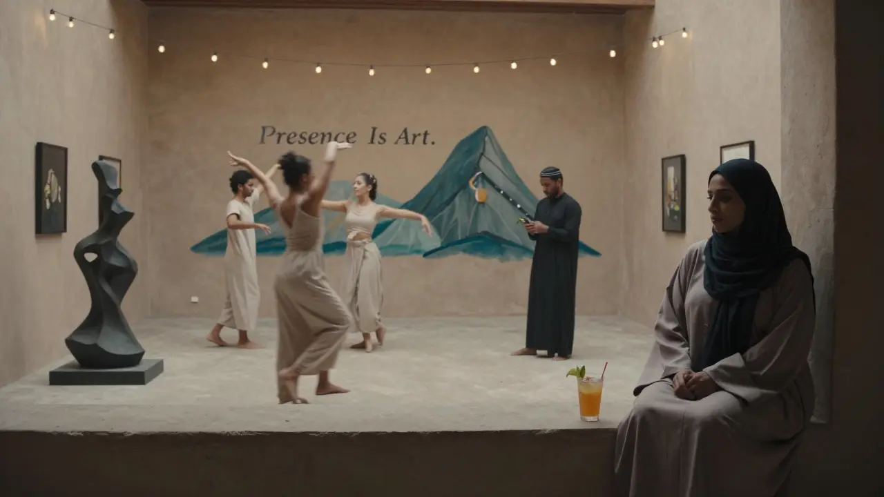 An underground art space with dancers performing choreography beside sculptures, guests sipping mocktails under string lights.