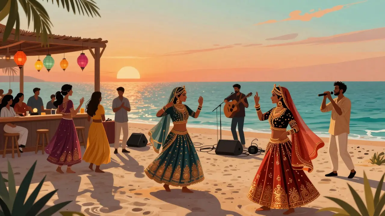 Beach club in Dubai with performers in colorful, fully covered costumes dancing at sunset, ocean in background.