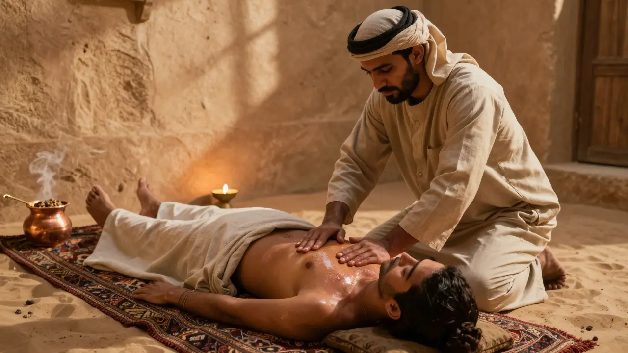 Bedouin healer using rhythmic pressure and breathwork on a client in a desert-inspired wellness room with oil lamps.