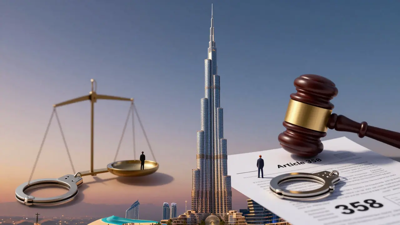 Burj Khalifa as a scale balancing glamorous tourism on one side and legal consequences on the other, symbolizing Dubai&#039;s cultural divide.