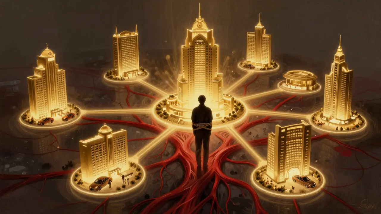 Conceptual network of Dubai's economy with golden tourism nodes and dark red veins representing illicit sex tourism feeding the system.