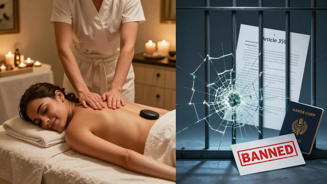 Contrasting scene: peaceful couples massage versus legal consequences of illegal services in Dubai.