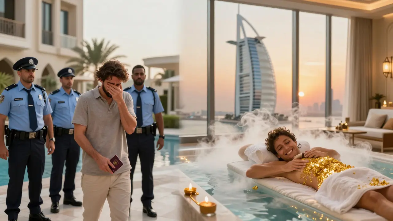 Contrasting scenes: a tourist arrested versus enjoying a legal luxury spa in Dubai.