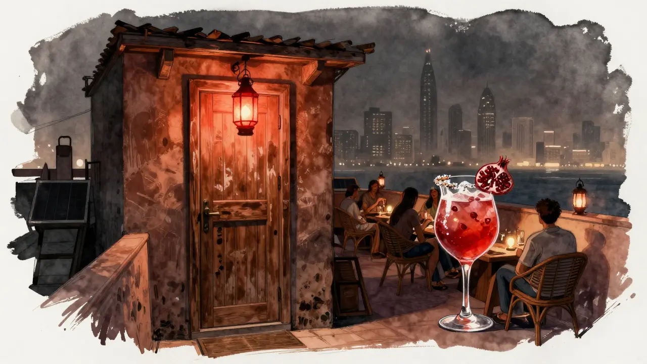 Cozy rooftop hideaway with red lantern and patrons enjoying craft cocktails under solar lights.