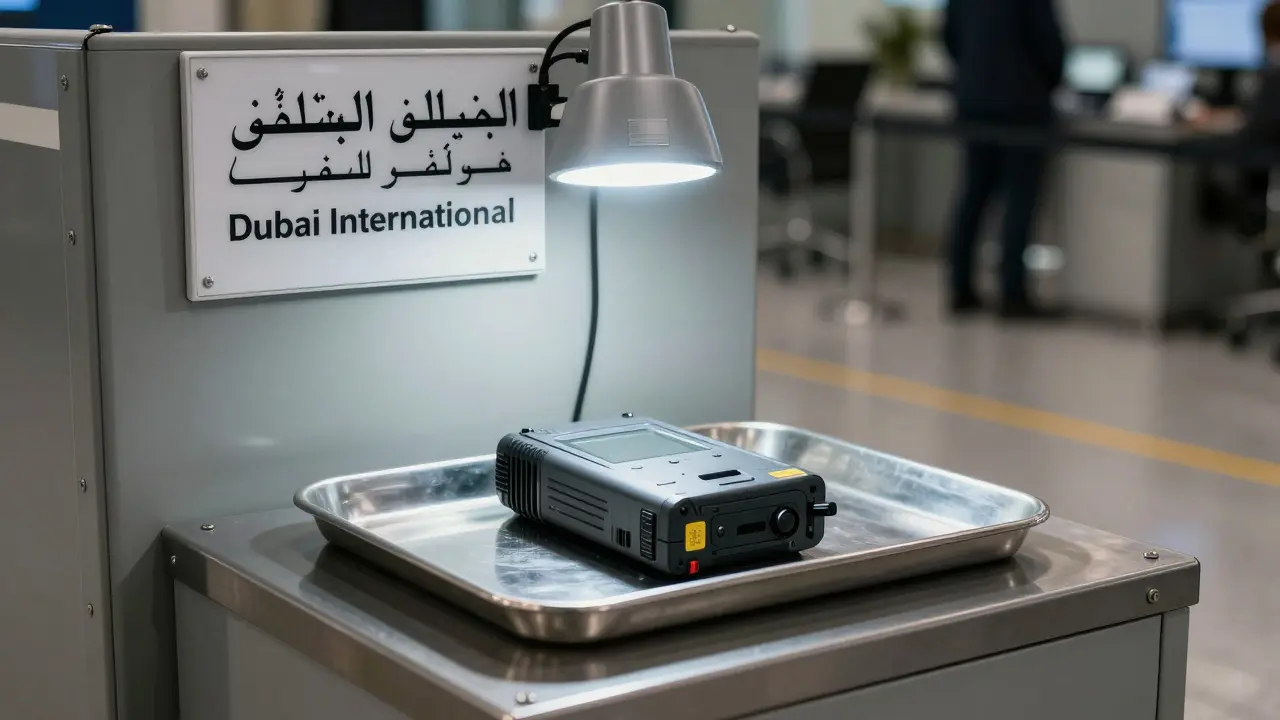 Customs checkpoint at Dubai Airport with a confiscated electronic device on a tray.