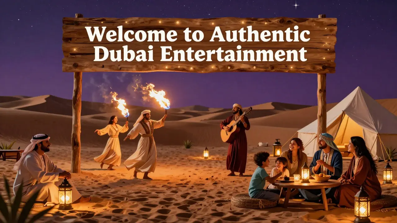 Desert safari with fire dancers and families enjoying traditional Arabic entertainment under stars.
