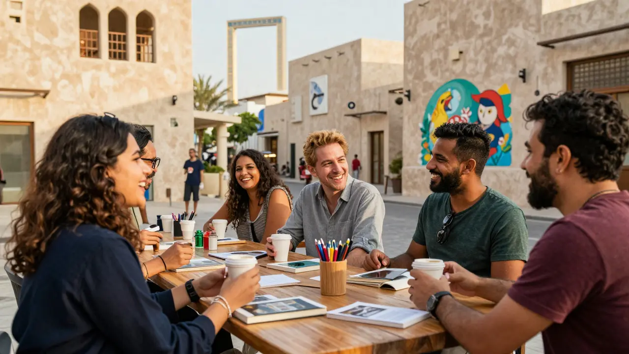 Diverse group of people socializing over coffee at a cultural meetup in Dubai.