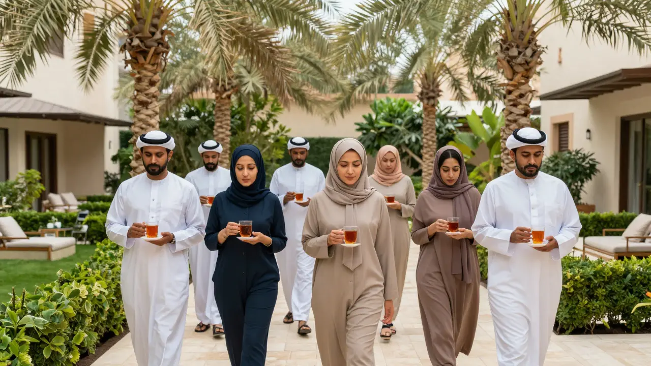 Diverse individuals relaxing in a serene garden courtyard after therapeutic massage sessions in Dubai.