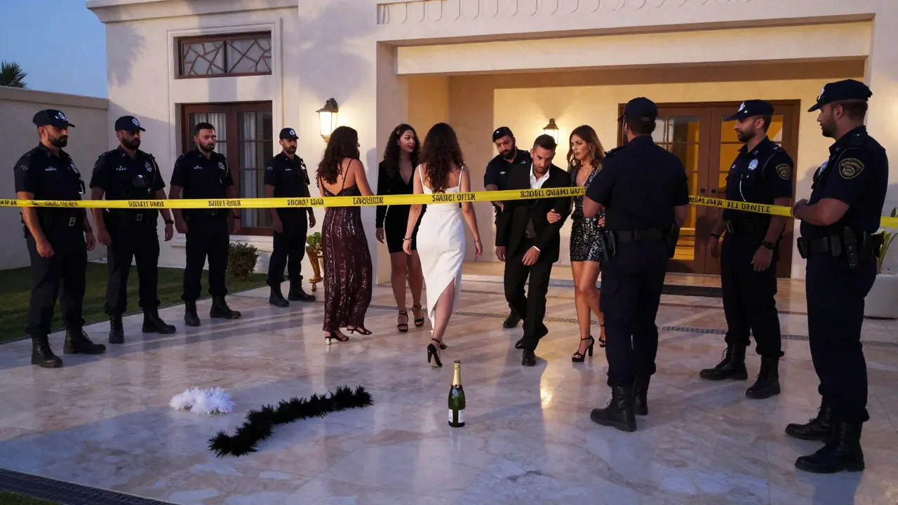 Dubai police conducting a raid on a private villa at dawn, guests being escorted out, no nudity visible.
