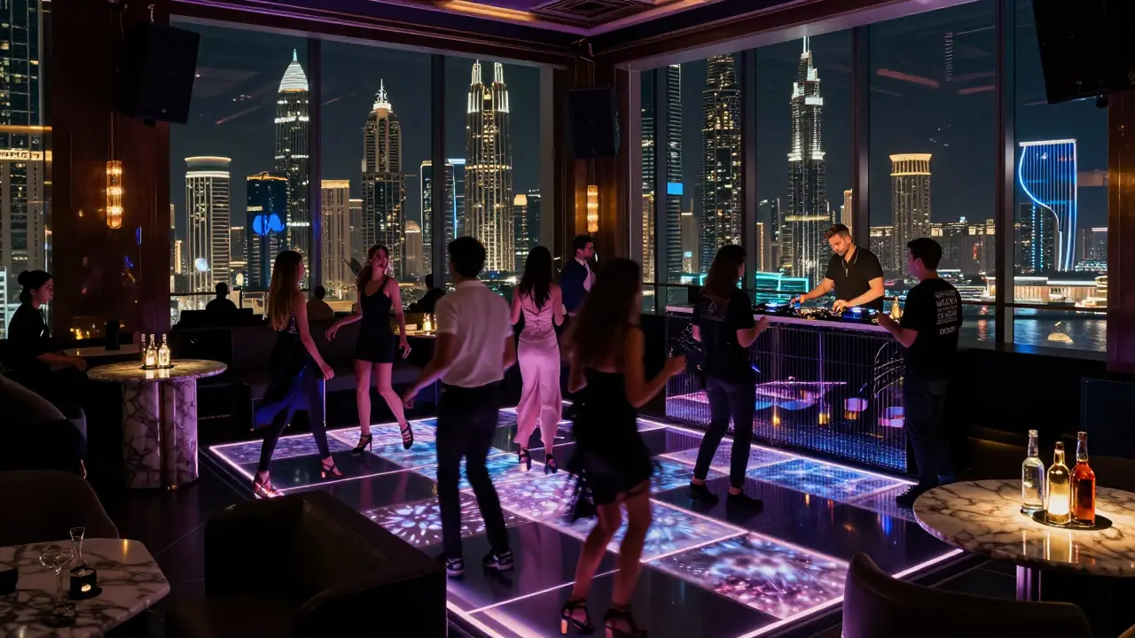 Elegant crowd dancing in a luxury Dubai nightclub with LED lights and city views through large windows.