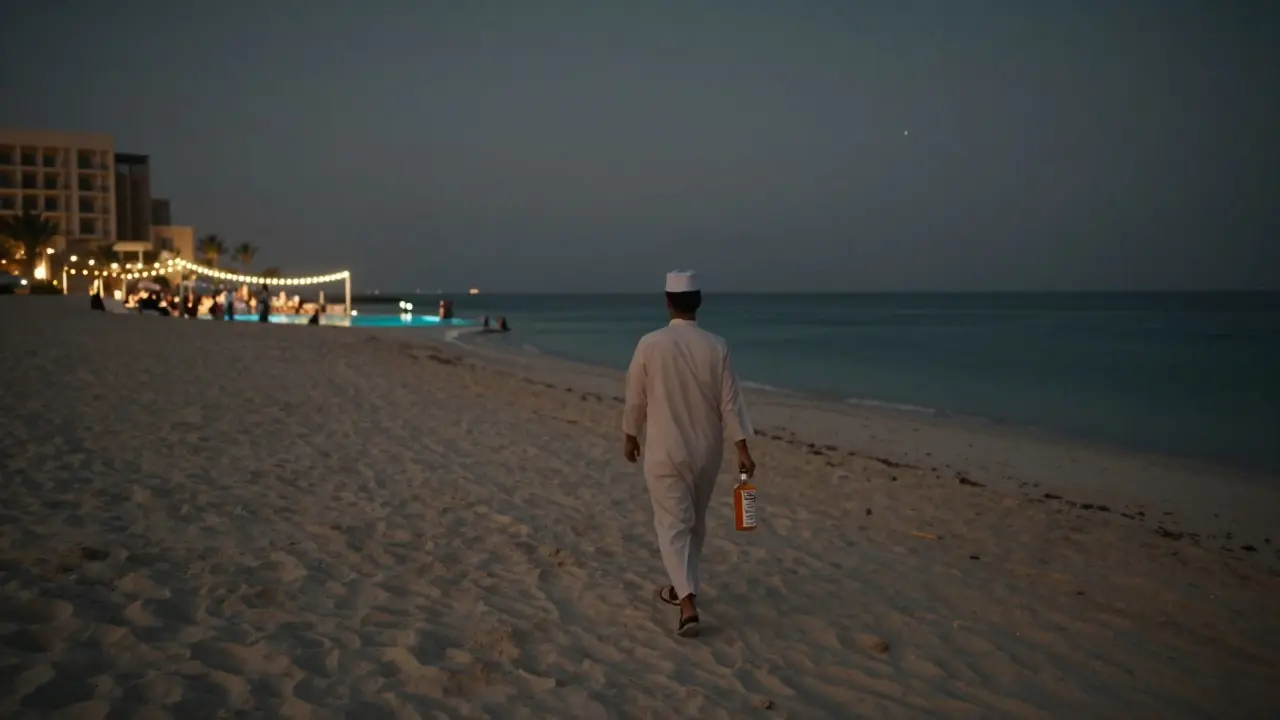 Empty beach at night with person walking away from shore holding sealed alcohol bottle, hotel lights in distance.