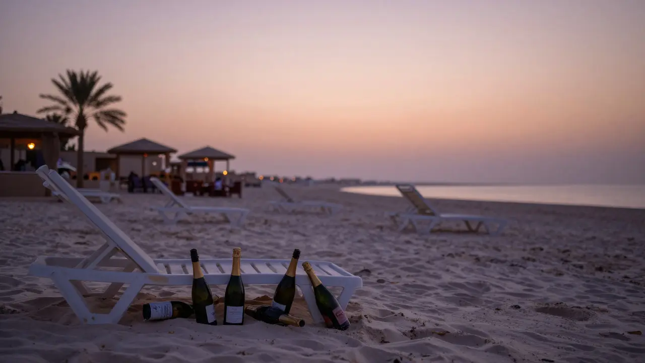 Empty beach club at dawn with lounge chairs and champagne bottles on sand under soft sunrise light.