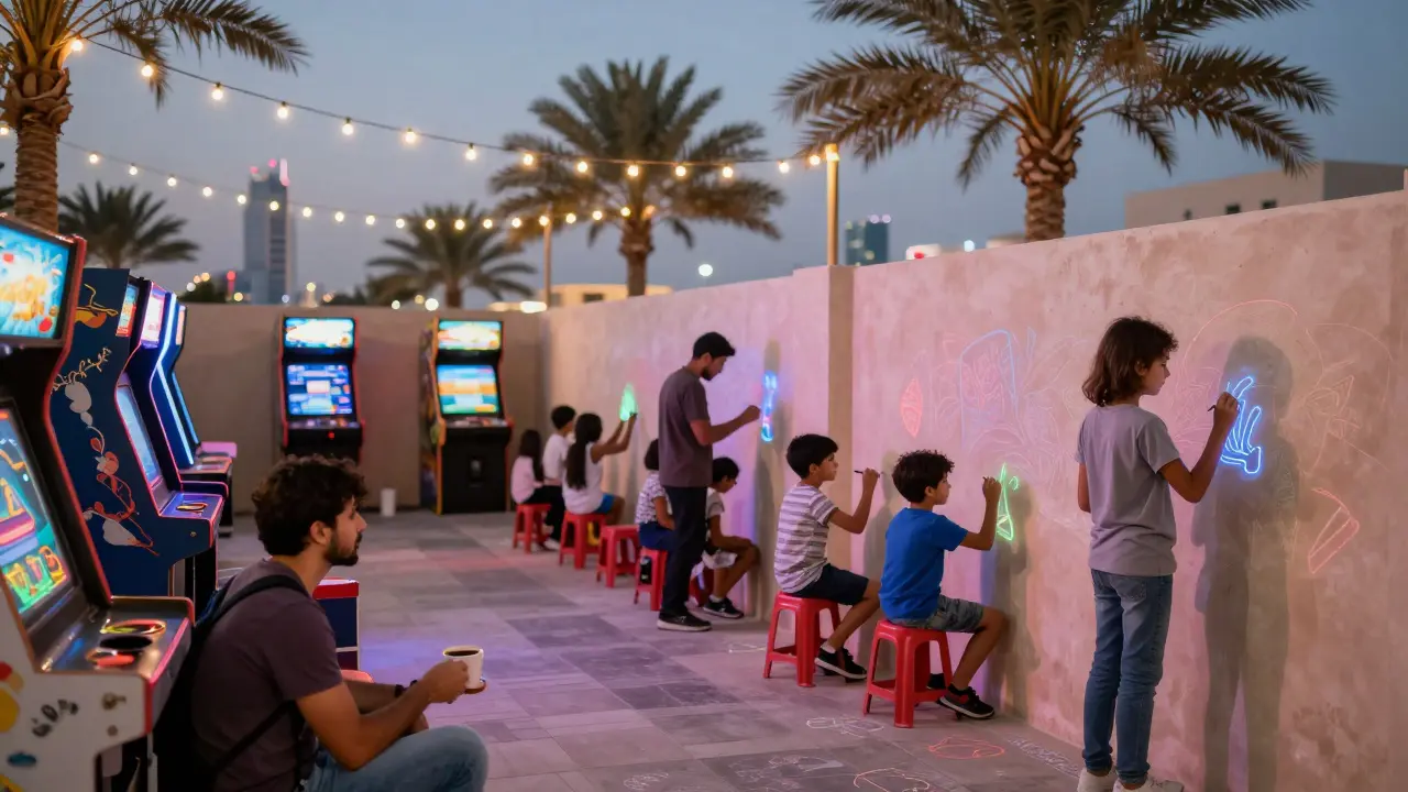 Family-friendly night zone with parents, teens, and children enjoying quiet evening activities under lights.