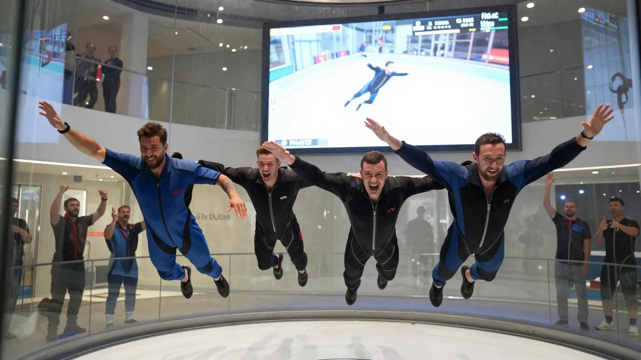 Four men floating in midair inside a wind tunnel while others cheer from behind glass.