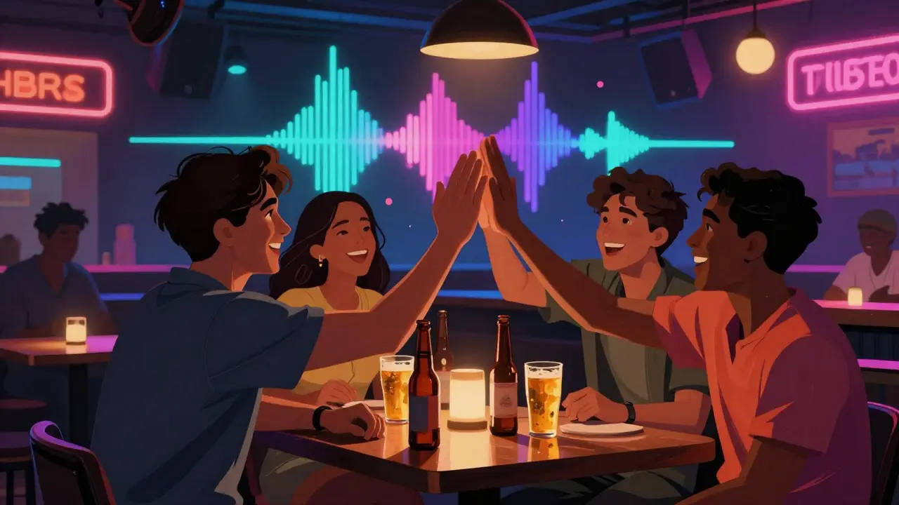 Friends celebrating at a lively bar in Dubai with neon lights and bottles on the table.