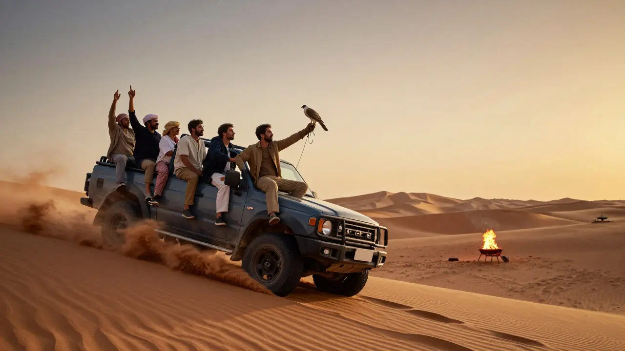 Friends in desert safari gear riding a 4x4 truck over golden sand dunes with a falcon on display.