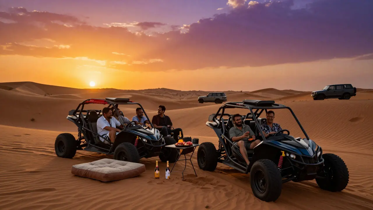 Friends riding dune buggies through golden desert dunes at sunset with a luxury picnic setup nearby.