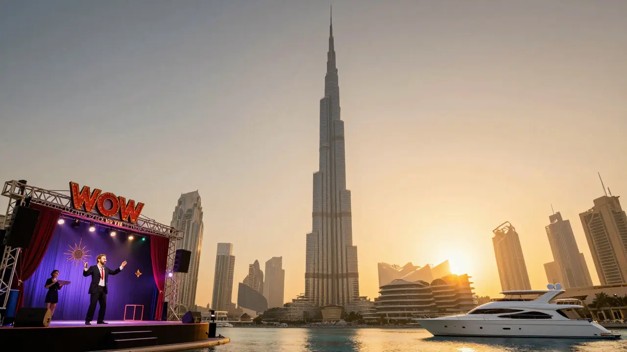 Ghostly strip club fading away beside Dubai's skyline, replaced by legal entertainment like magic shows and sunset cruises.