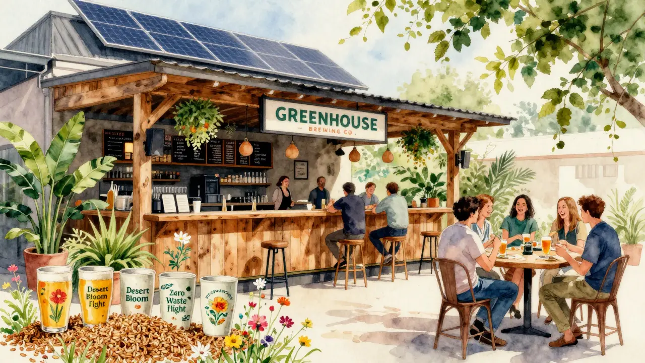 Greenhouse Brewing Co. with plants, solar panels, and reusable ceramic beer cups in a sustainable setting.